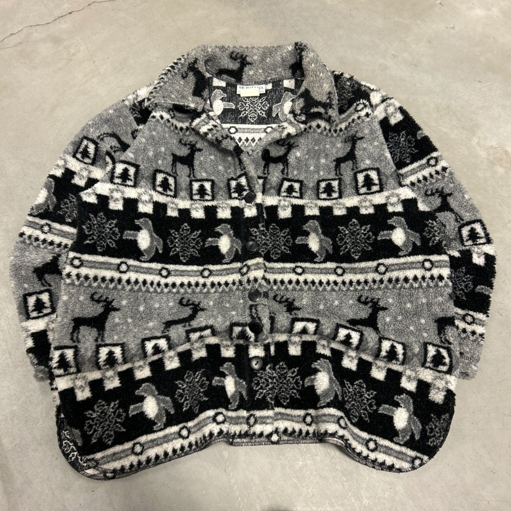 Montana Blues Fleece Jacket Mens Large Grey Black Reindeer Penguin Winter Print